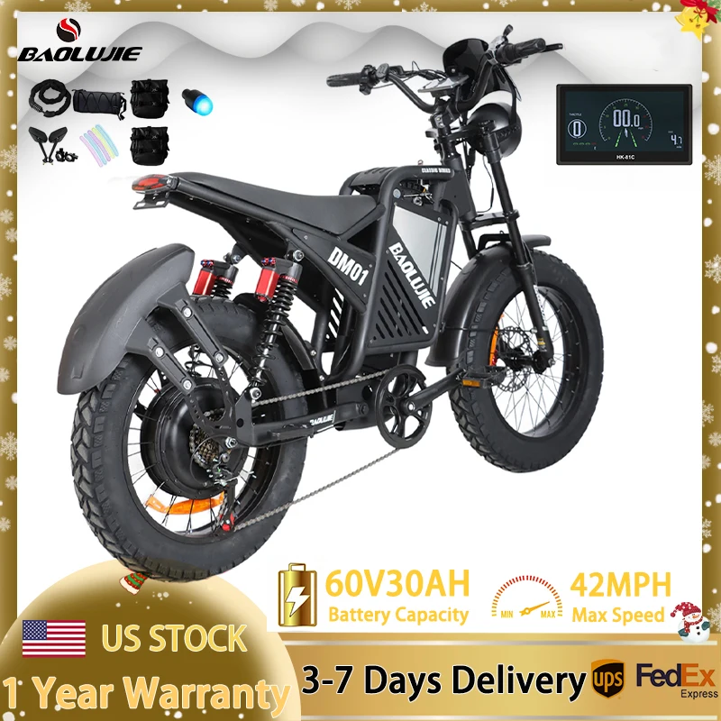 

BAOLUJIE Electric Bike for Adult Electric Bicycle Max Speed 42MPH Peak 2000W Ebike 20" Fat Tire Mountain Bike Electric Dirt Bike