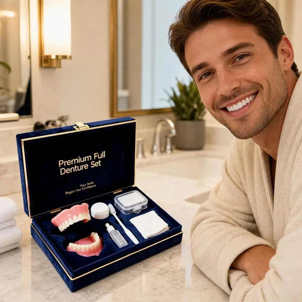 Premium Full Denture Set, Realistic Upper & Lower Teeth Kit with Cleaning Tools, Comfort Fit Instant Smile Veneers for Dental
