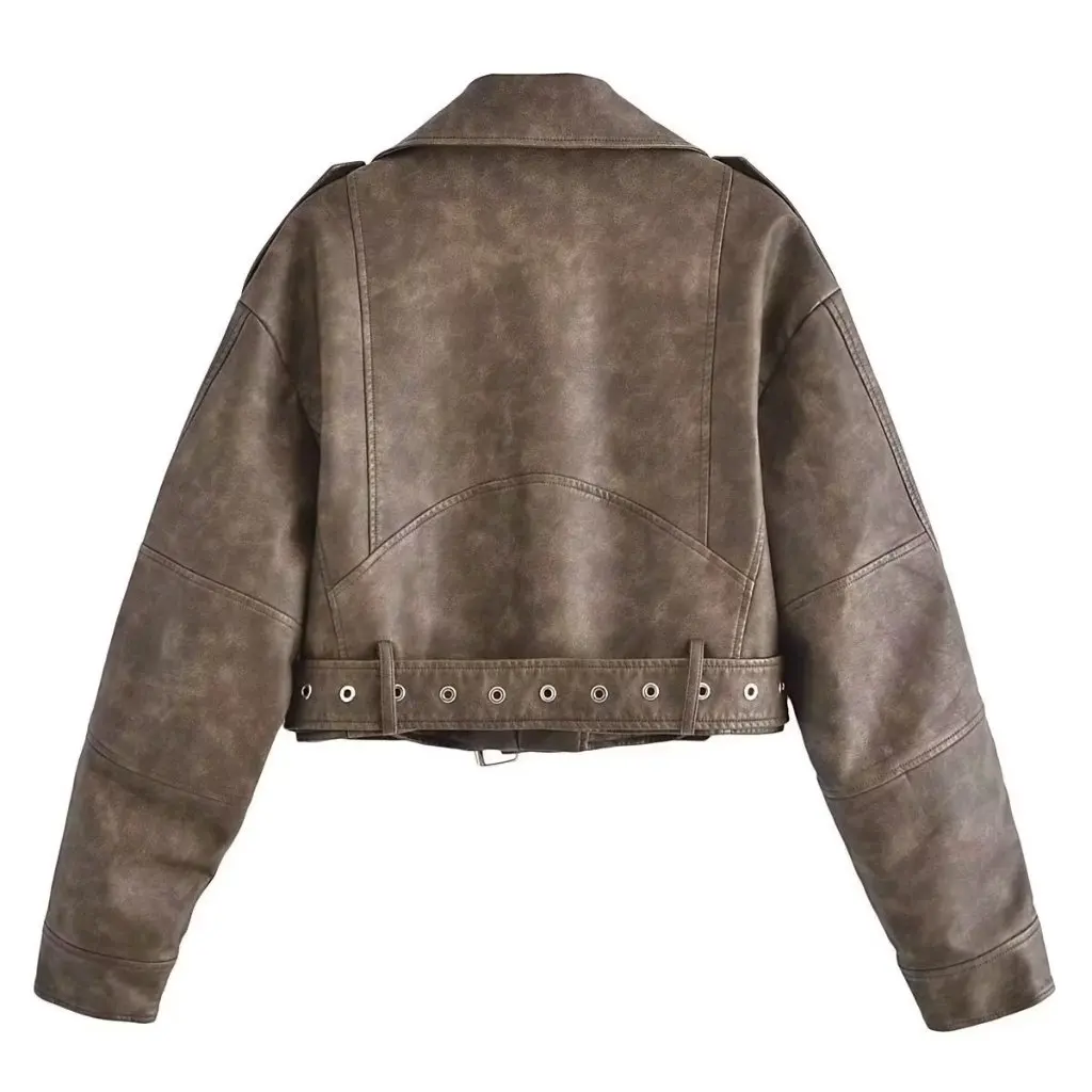 

Women's French Retro Washed Gradient Faux Leather Jacket European American Style New 24