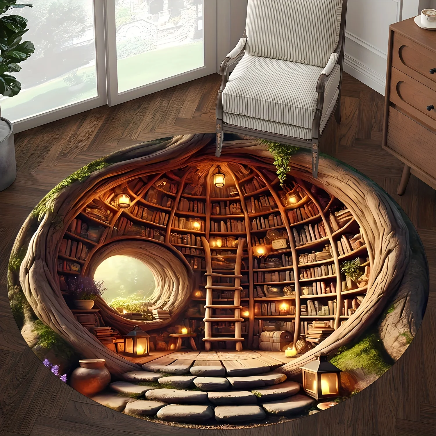 

Flannel Printed Round Rug With Magical Tree Library Design For Home Decor Soft Floor Mat Fantasy Art Theme Cozy Interior