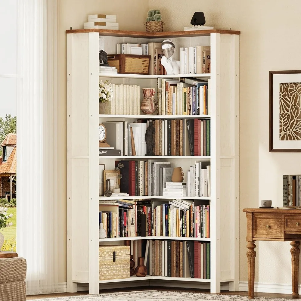 Wood Corner Book Shelf 6 Tier 75 Inch Tall Bookshelf with Storage Floor Standing Display Book Shelf for Living Room