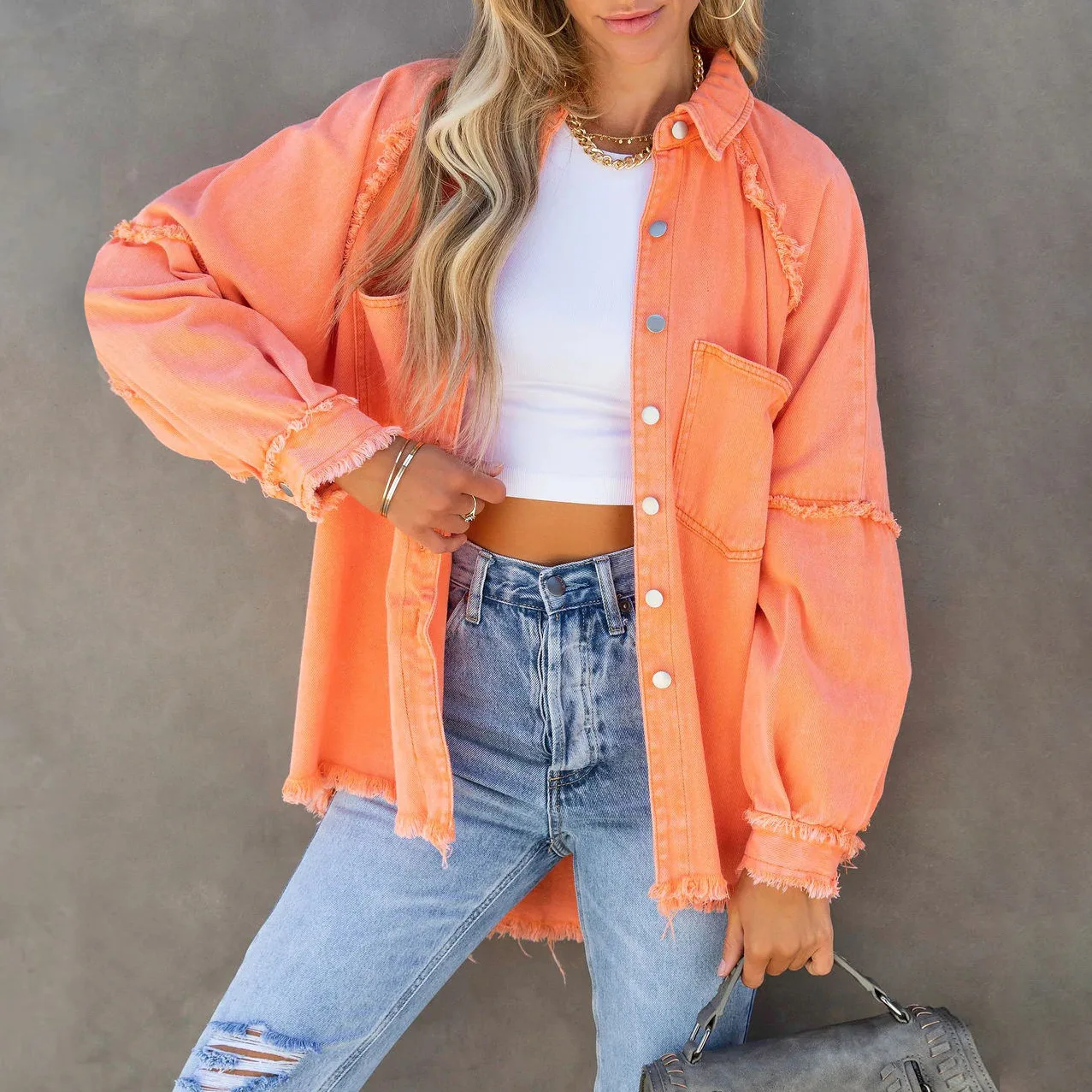 Women Coat Long Sleeve Denim Jacket Washed Raw Edges Casaul Cowboy Shirts 2026 Spring Autumn Clothing Soild Outerwears Overcoats view 2