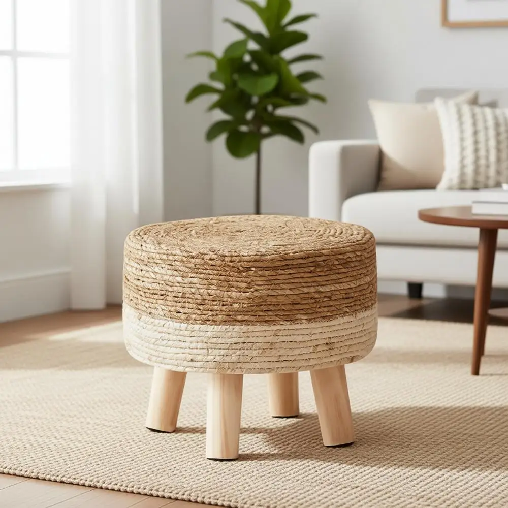 

Natural Seagrass Woven Round Ottoman with Padded Seat and Non-Skid Pine Legs for Home Office Lounge