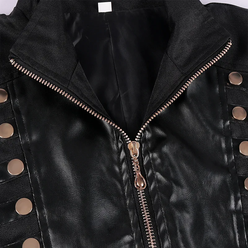 

Готическое пальто на заказ, длинная ветровка в стиле панк, застежка-молния, кожаный лоскутный костюм на Хэллоуин, воротник-стойка, украшенный заклепками