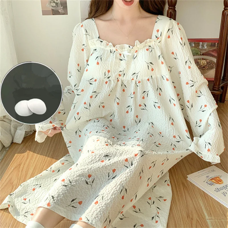 Chest Pad Nightdress Women Long Sleeve Nightwear Dress Sweet Ladie\'s Autumn Nightgowns Large Size Casual Home Clothes M-4XL