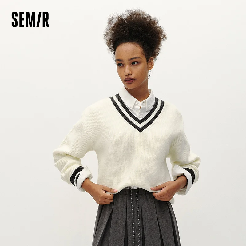 Semir Women Knit Sweater Color Block V Neck Drop Shoulder Loose Fit Layering Minimal Design 2026 New Winter Daily Wear
