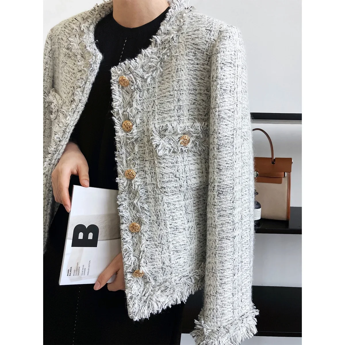 Autumn Women's Tweed Jacket French Elegant Fashion Commuter Luxury Round Neck Long Sleeve Fringe Single-breasted Top Coat Jacket