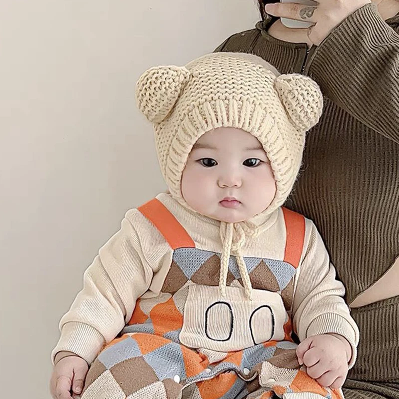 

Cute Baby Ear Protection Kint Hat Winter Warm Kids Lace-up Beanie Solid Color Wool Pullover Cap 6-24MonthInfant Headgear Bonnet