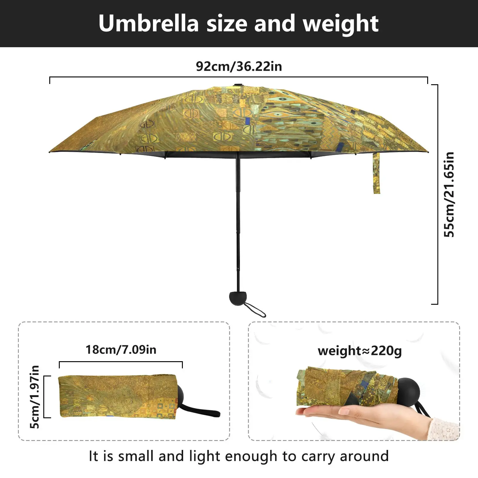 Gold Gustav Klimt Art Painting Small Pocket Mini Umbrella Ultra Light Five Folding Women\'s Rain Umbrella Parasol Outdoor Travel