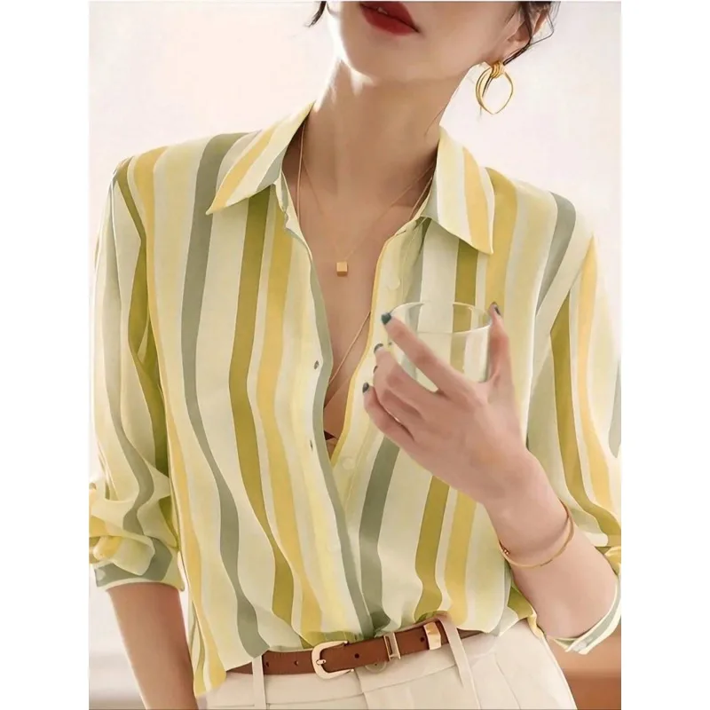

Autumn New Women's Casual Shirt Color Striped Printed Shirt Size Lapel Button Up Top