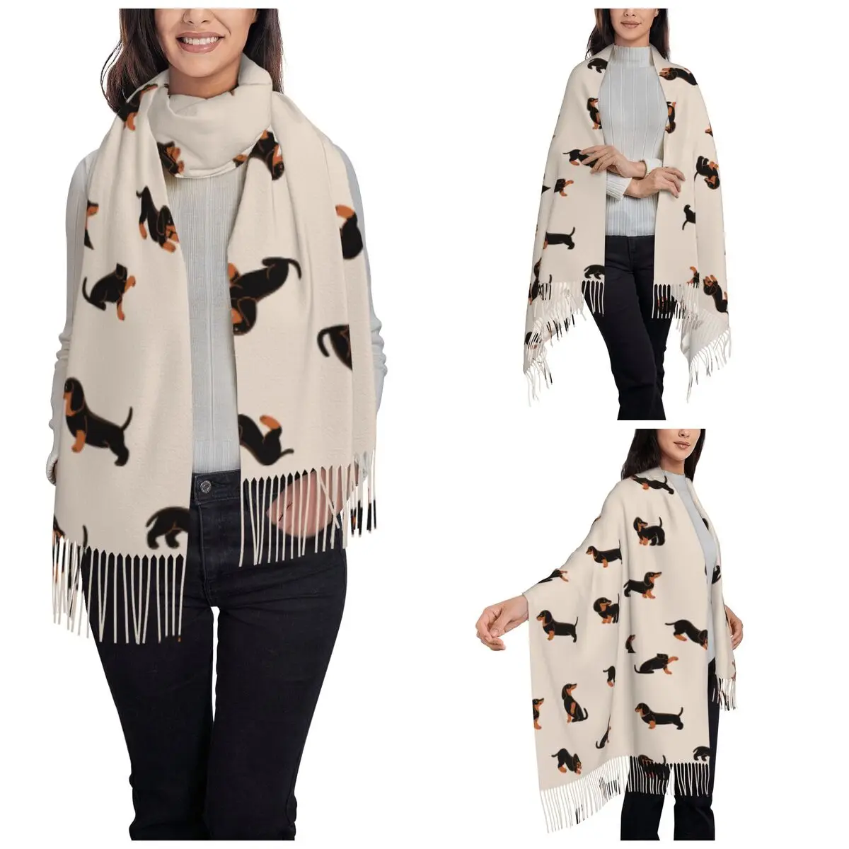 Women\'s Scarf with Tassel Cartoon Happy Dachshund Large Super Soft Shawl Wrap Dog Lover Gifts Cashmere Scarf