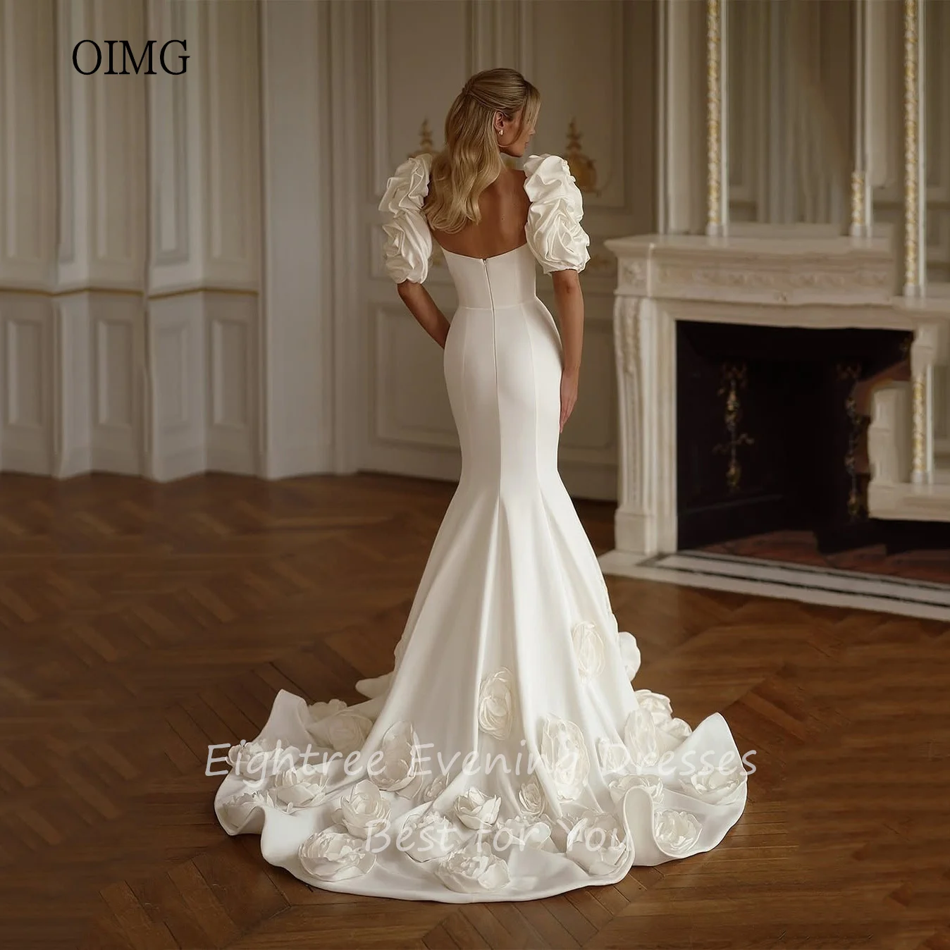 OIMG-Robe de mariée sirène à manches fleuries, robes de mariée à col en cœur, longueur au sol avec grande queue, mariage, tout ce qui est personnalisé