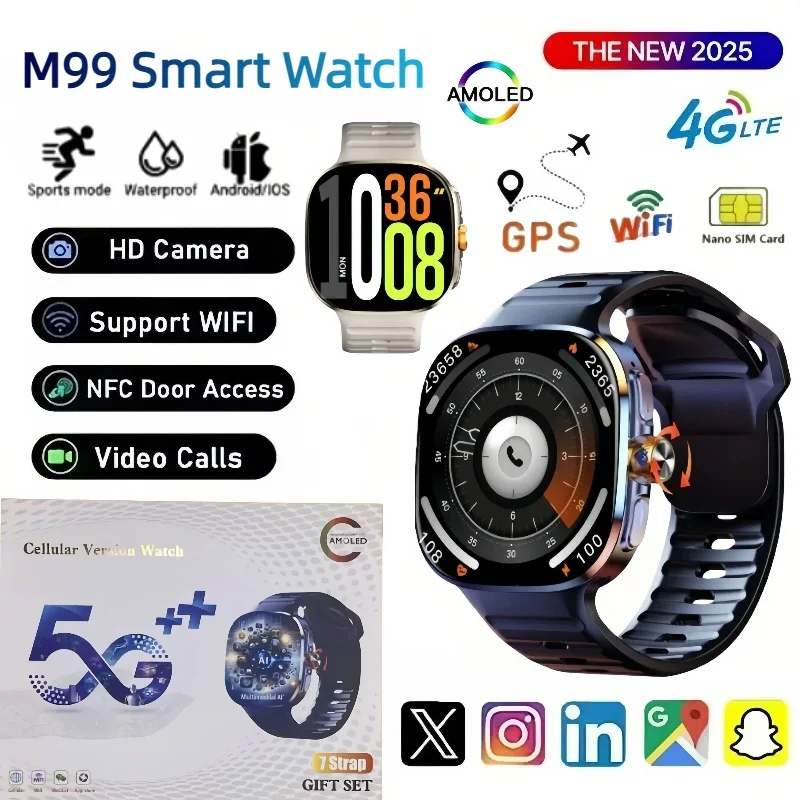 

5G Smartwatch M99 With 2.4inch Amoled Screen 900W Rotating Camera WIFI GPS Position Compass NFC Bluetooth Smart Watch Men Women