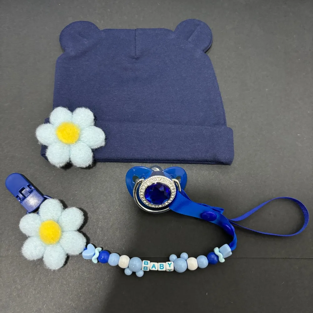 Baby Cartoon Pacifier Custom Name Clip and Newborn Hat Set Soft Silicone Soother BPA Free Cute Knit Cap Baby Essentials Daily