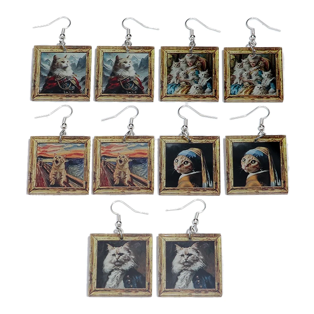 Retro Creative Acrylic Cats Famous Paintings Drop Earrings for Women Funny Animals Art Pictures Pendant Earring Jewelry