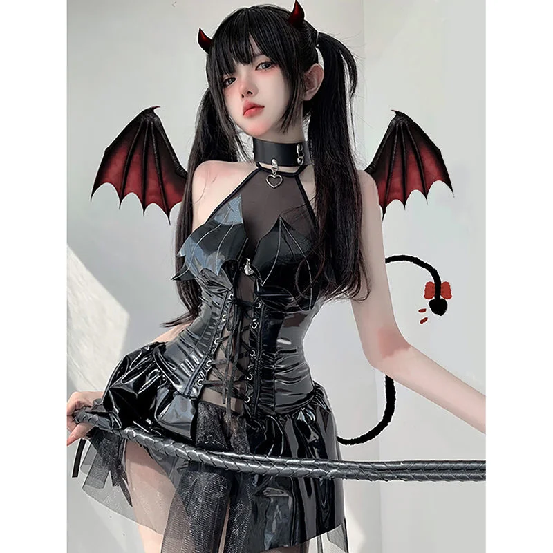 

Little Devil leather skirt sexy shiny PU neck strap short skirt suit jk uniform COS anime women's dress