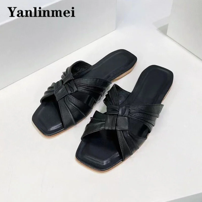 

Summer New Slippers Woman Braided Cross Strap Slides Peep Toe Genuine Leather Mules For Women Comfort Flat Slippers Women