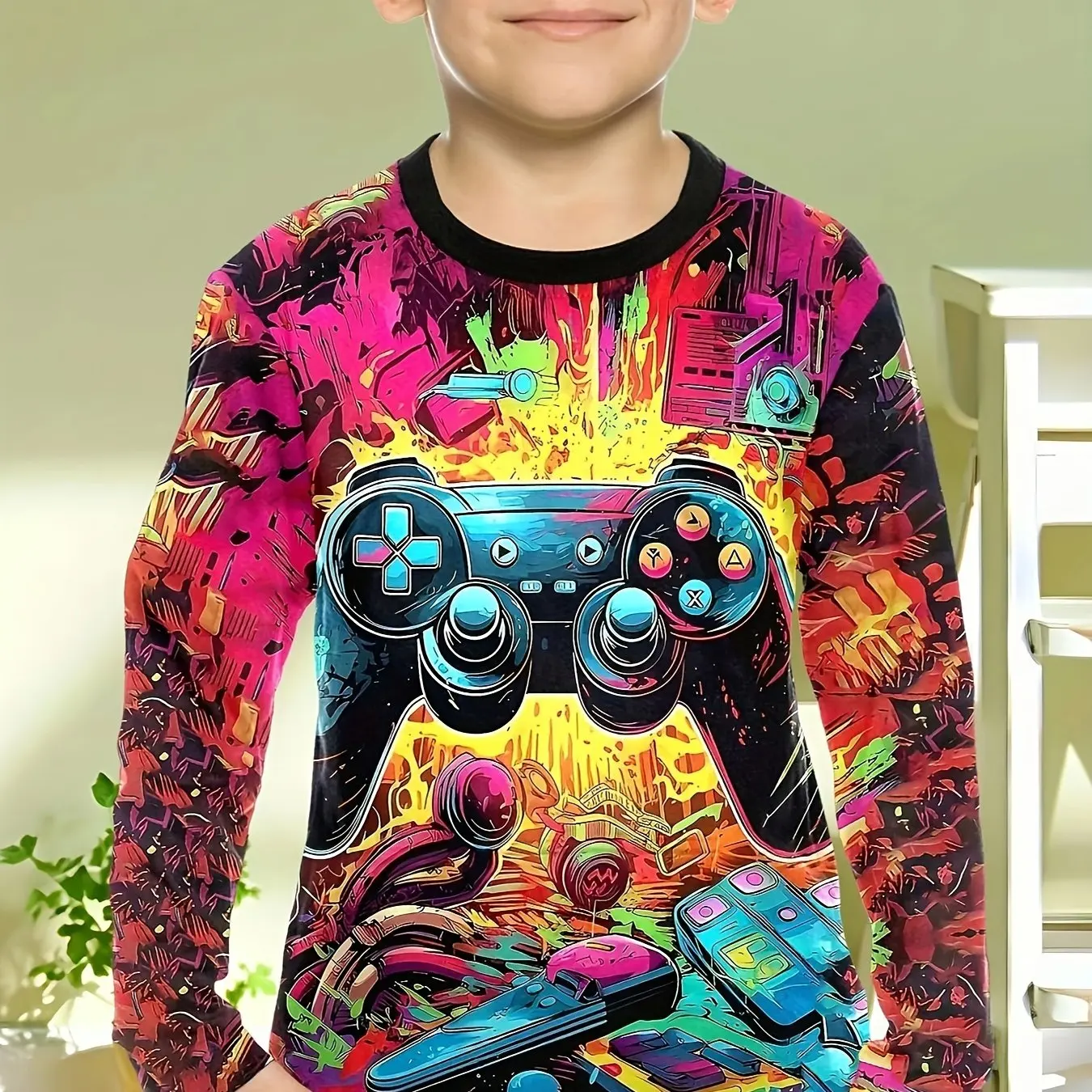 

Детская одежда, футболка для мальчиков, крутой геймпад с длинными рукавами и принтом, детская весенне-осенняя одежда, новинка, одежда для мальчиков, топы с круглым вырезом