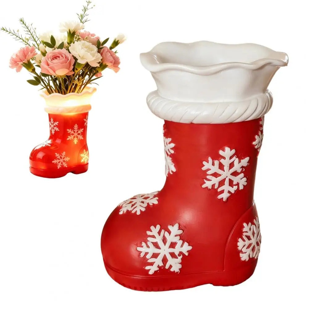 Christmas Red Boots Night Light with Warm Light, Snowflake Pattern Print Resin Table Lamp for Bedroom Living Room Desktop