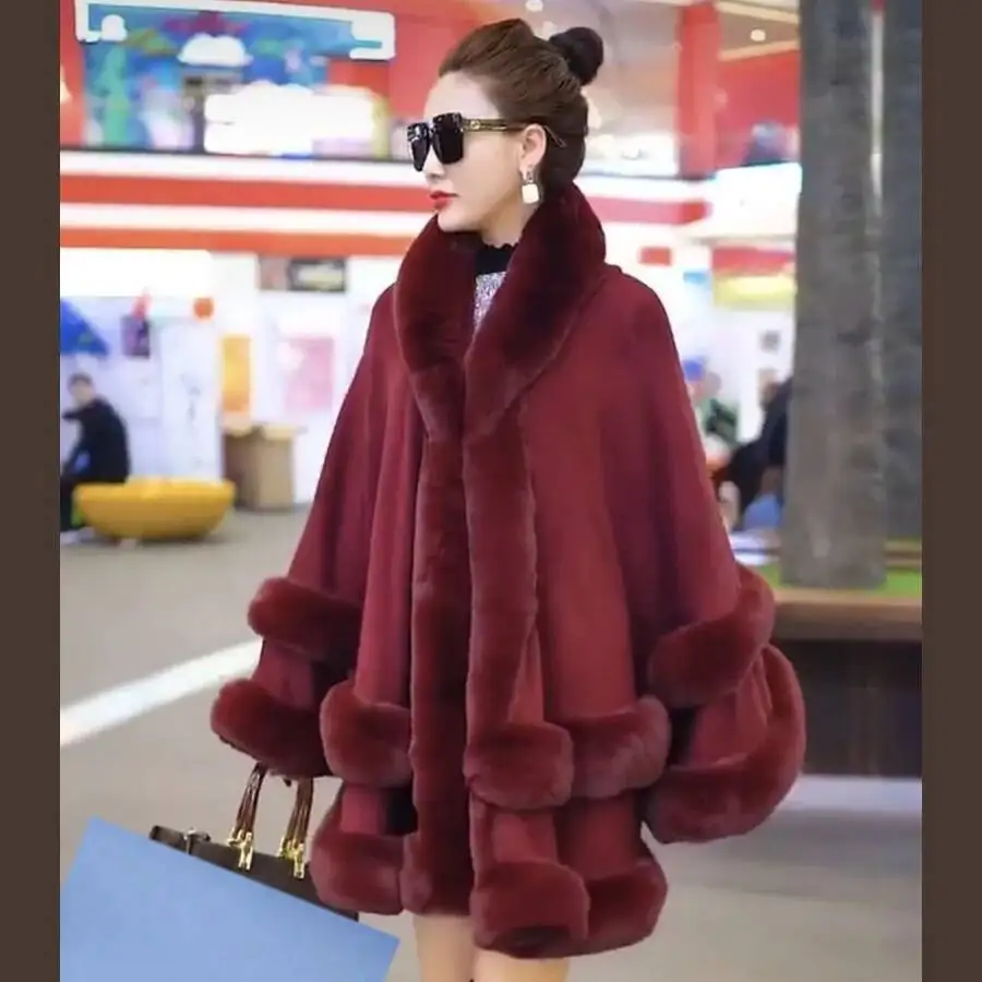 

Double Layer Imitated Rex Rabbit Cape Coat Hooded Shawl Winter Women Knit Poncho Overcoat Faux Fur Wraps Big