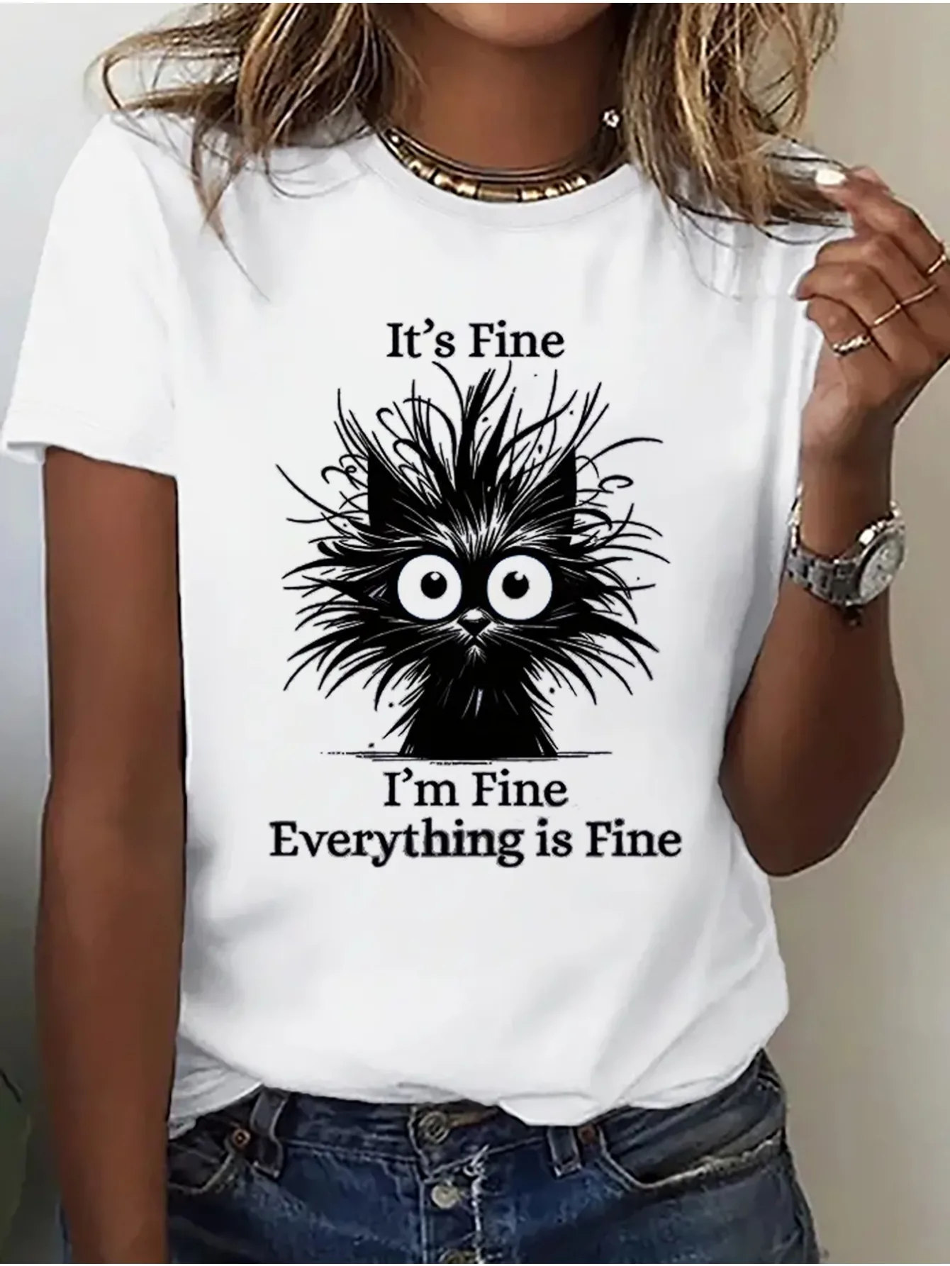 

Фантастическая женская футболка с изображением кота «It Doesn't Matter I Fine Everything Is Fine», универсальная высококачественная женская одежда для спорта и отдыха