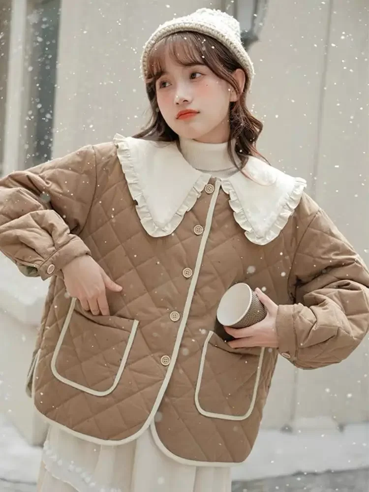 Kimotimo Parkas Coats Women 2024 Autumn Winter Sweet Ruffle Peter Pan Collar Color Contrast Jackets Vintage Loose Fashion Tops