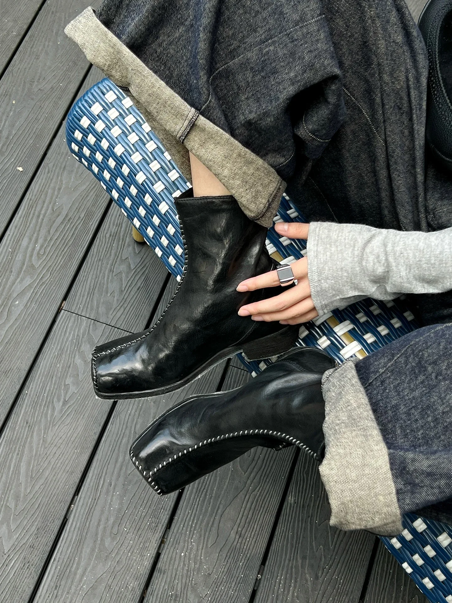 Women's Black Leather Ankle Boots Contrast Stitching Square Toe Sleek Avant-Garde Design for Street Autumn/winter Fashion Looks