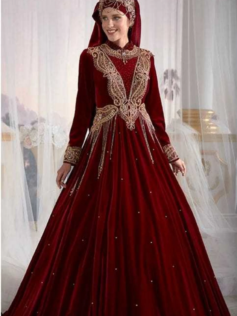 Rote muslimische High Neck Abendkleider Perlen Quaste Applikationen Brautkleid Party boden lange Brautkleider Vestidos de Novia