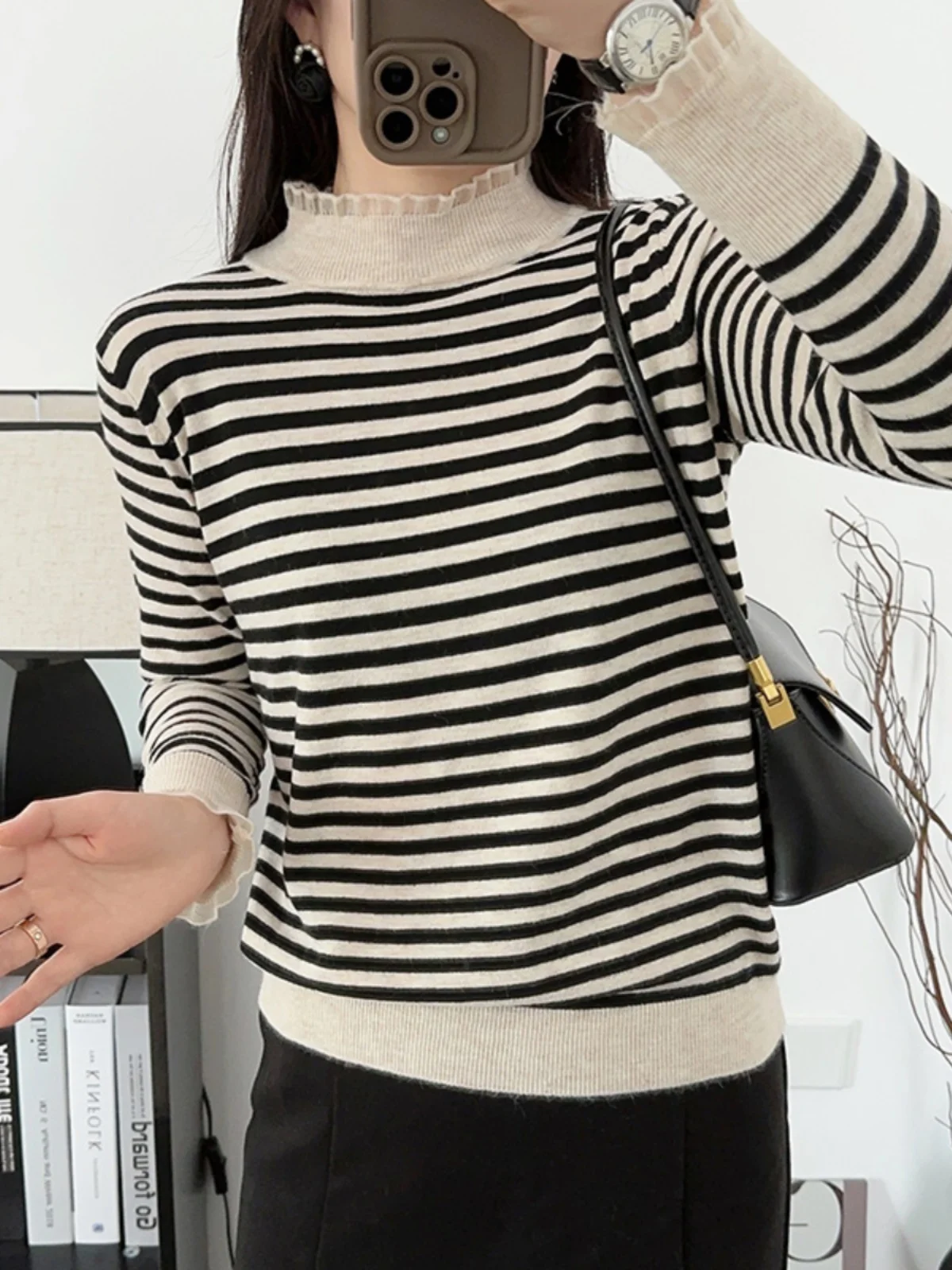 

Trendy Lace Knitted Sweater Women's Autumn Winter Loose Fit High Ne Stripe Pattern Commute Sle Long Sve Base irt Top