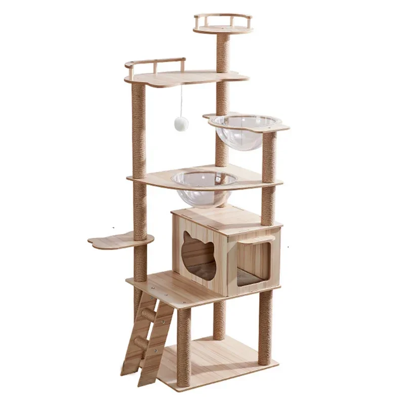 170cm 66.92 Inches Luxury Modern Cat Tree Tower Climbing Pets Scratching House Posts Wooden Large Space Capsule Cat Condo