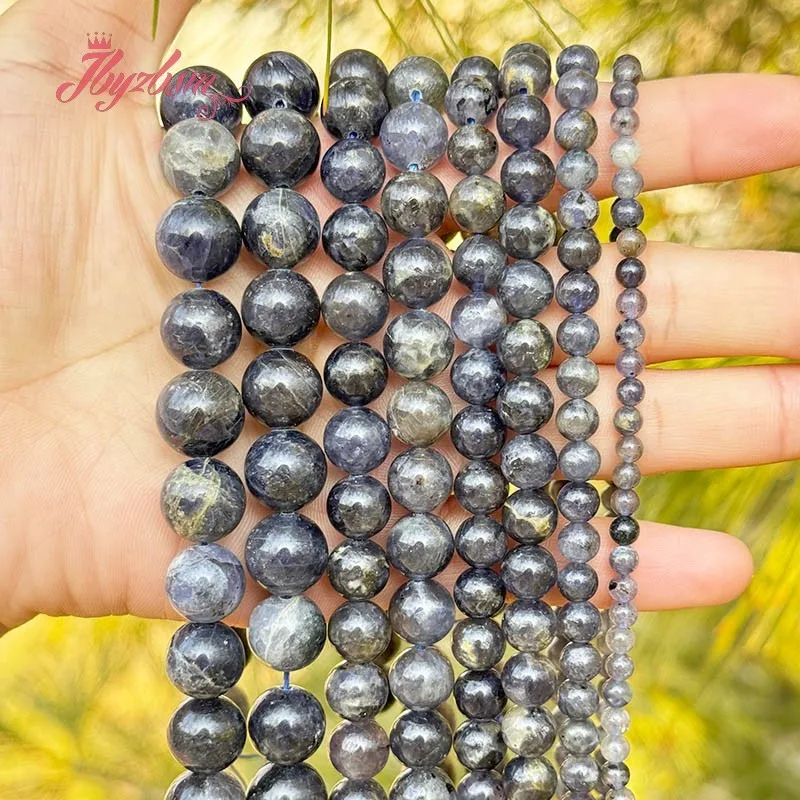 Natural Cordierite Round Smooth Stone Beads For Bracelet Necklace Jewelry Making Strand 15 Inches DIY Loose Beads 6mm 8mm 10mm