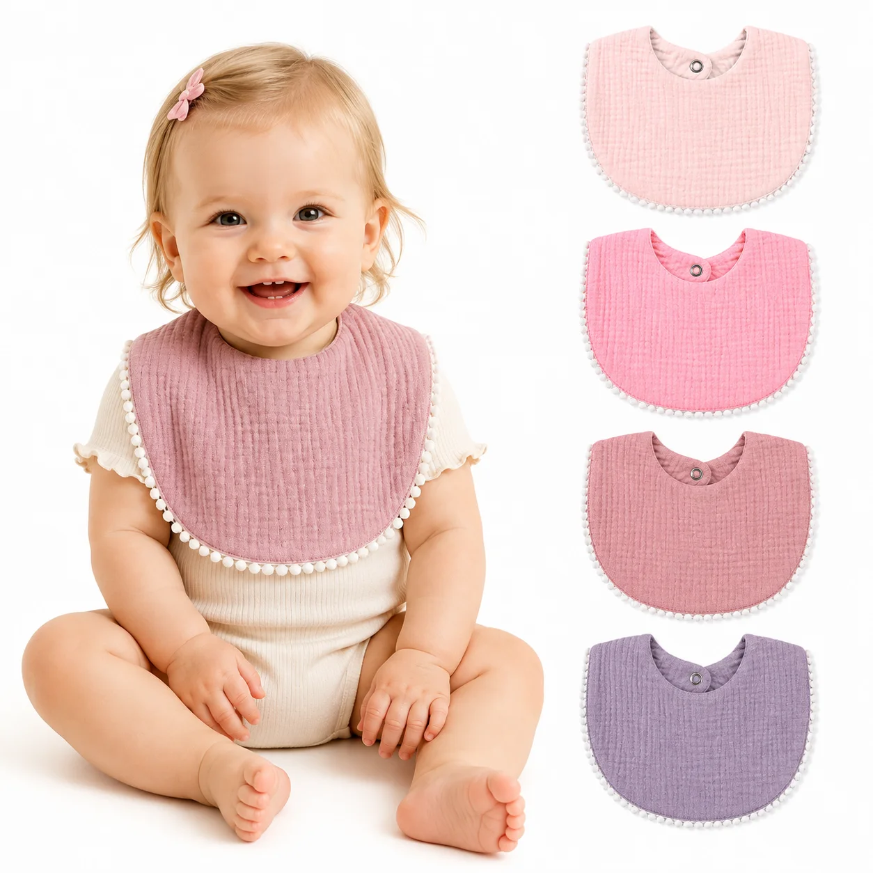 4pcs Cotton Baby Muslin Bibs with Ruffled Trim - Soft, Breathable U-Shaped Bibs for Newborns