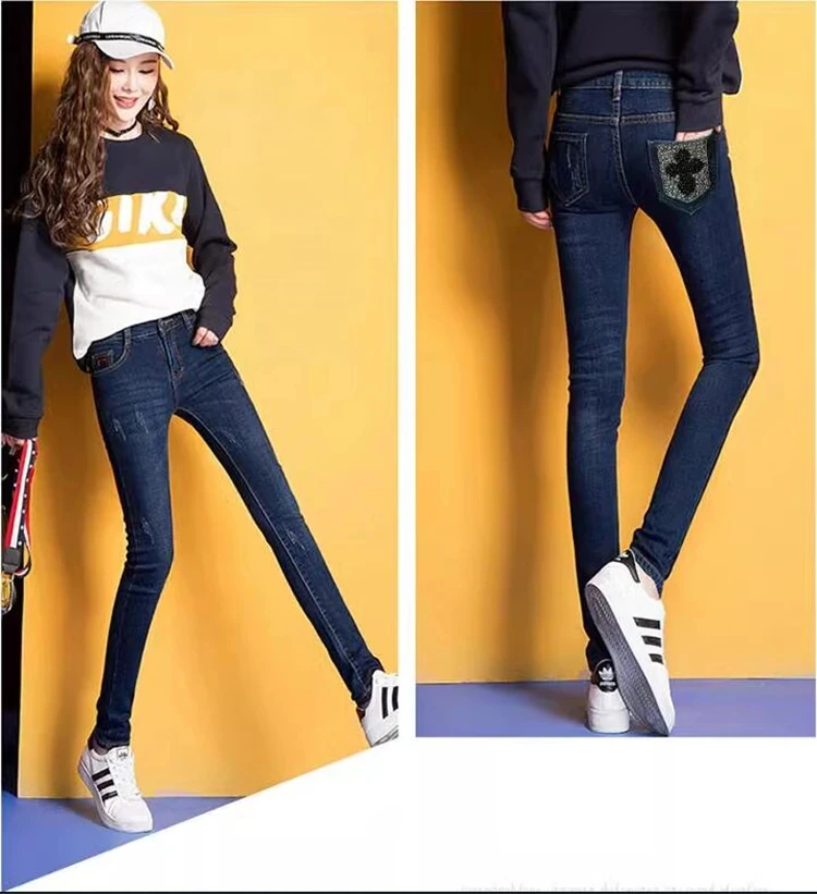 new autumn winter fashion casual plus size Elastic stretch cotton brand female women girls skinny beads pencil jeans