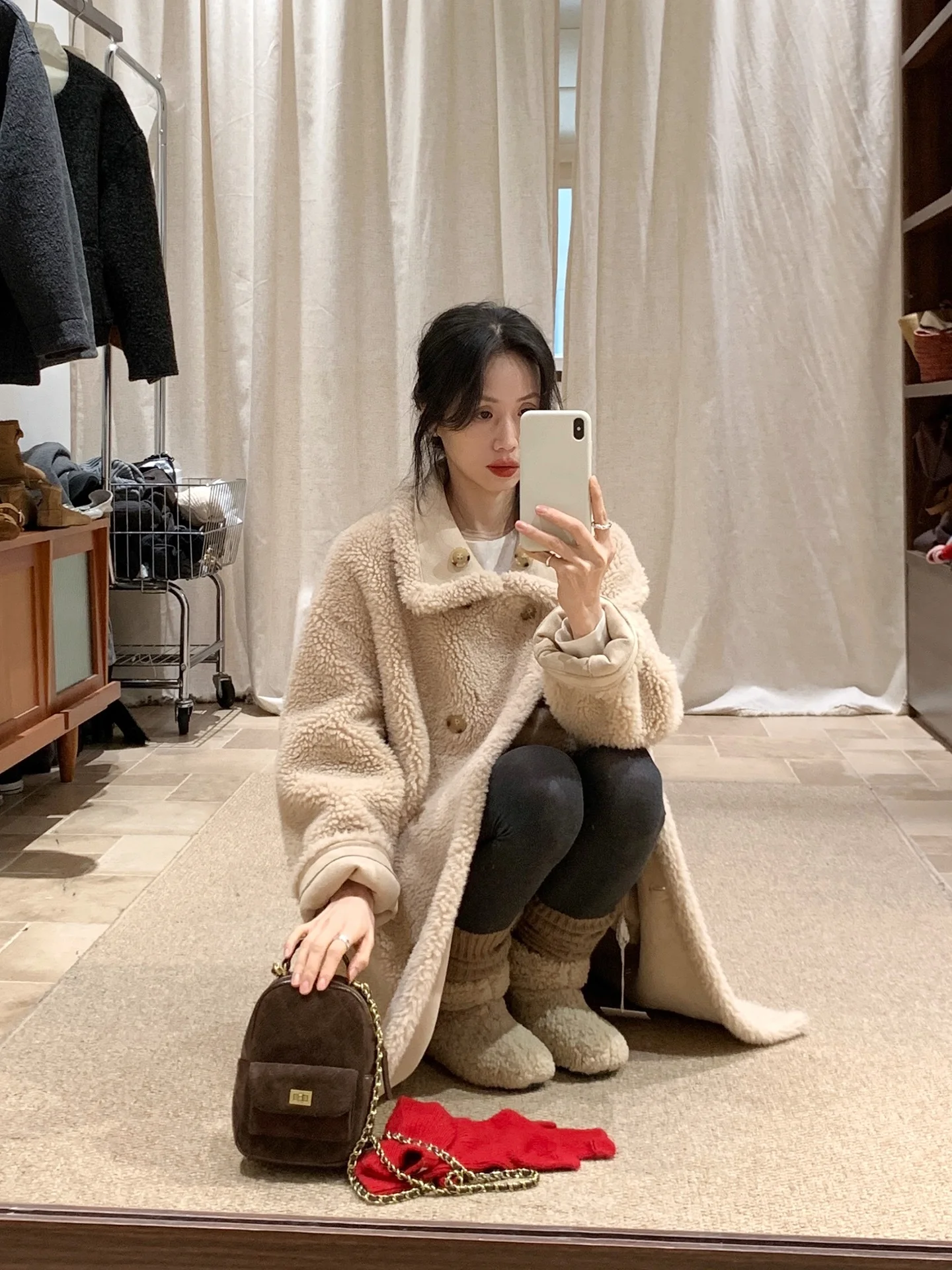 

Double-Sided Wear Long Lamb Fur Jaet Women's Eco-Friendly Leather Coat Korean Sle Khaki Color Blo Casual Sle