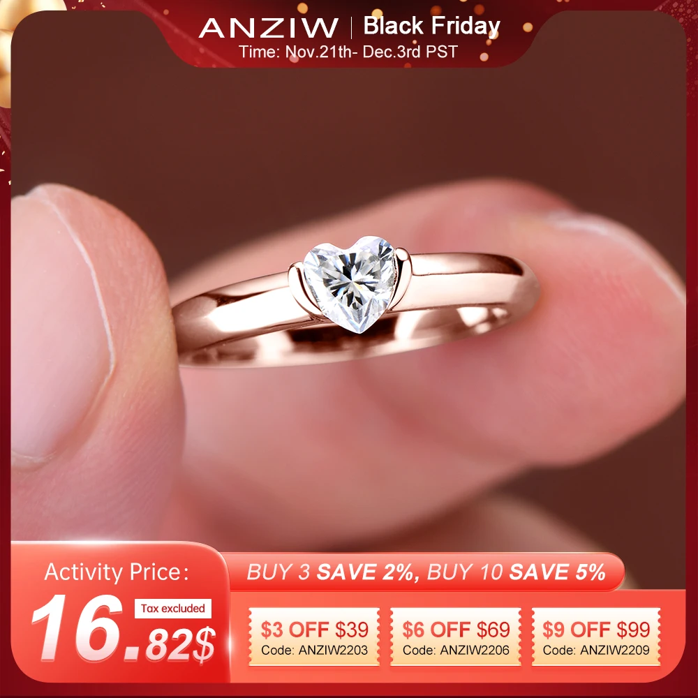 Anziw Rose Gold Color 0.5ct Heart Shaped Moissanite Solitaire Engagement Ring Silver 925 for Women Promise Wedding Bands Jewelry