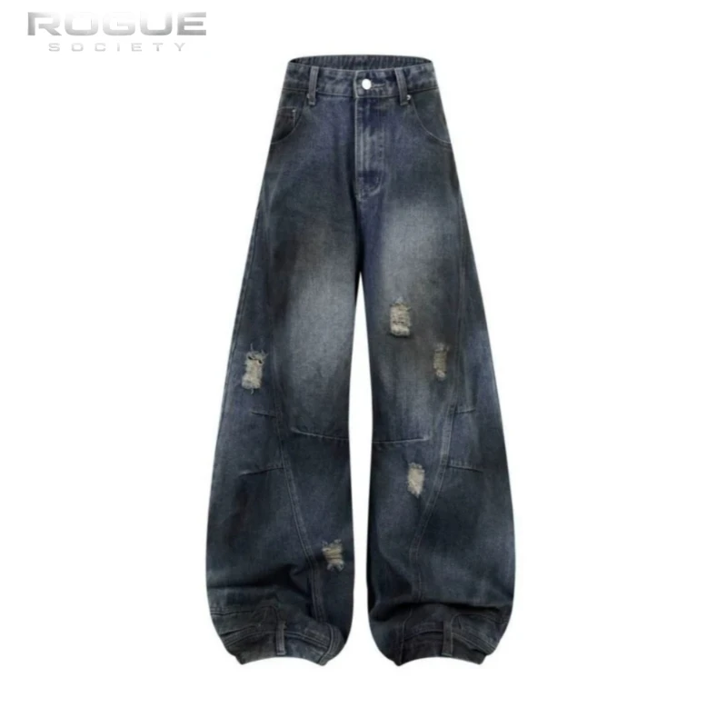 Retro Washed Distressed Baggy Jeans Men Streetwear Wide Leg Denim Pants Grunge Destroyed Harajuku Trousers Punk Edgy Y2K Unisex