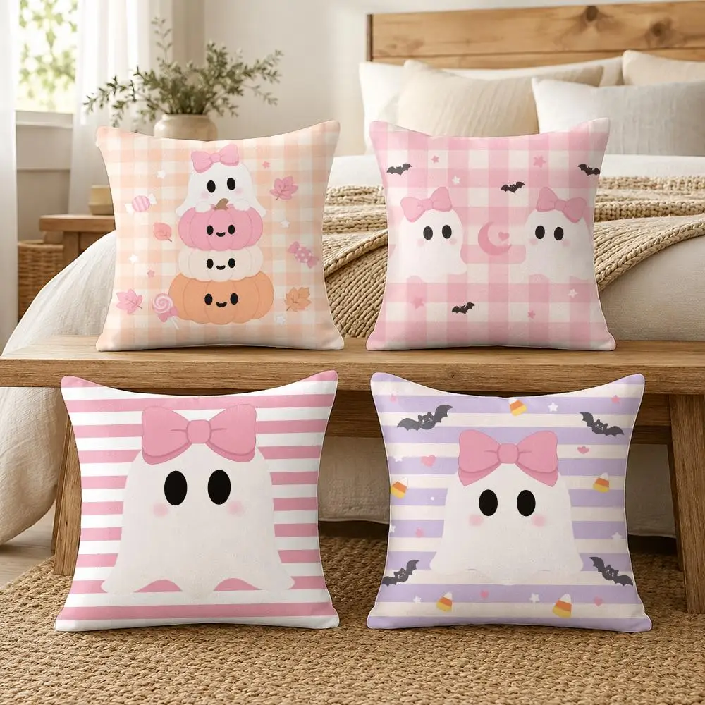 Pastel Bow Ghost Collection Cushion Cover Soft Short Plush Pillow Cover Smooth Cozy Texture Aesthetic Cushion Case Home Decor