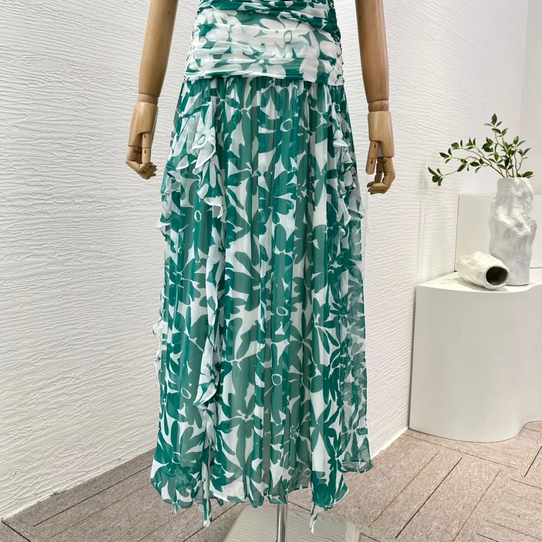 Green Floral Print Sleeveless Ruched Tube Midi Dress High Quality Strapless Vintage 2024 Spring Summer Sexy Sling for Woman