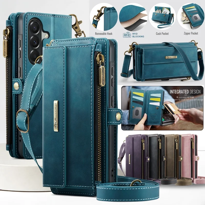 

Lanyard Zipper Wallet Phone Case for Samsung Galaxy A57 A17 A56 A16 A55 A15 A54 A14 A53 S26 Plus S25 Ultra S24 FE Card Cover Bag