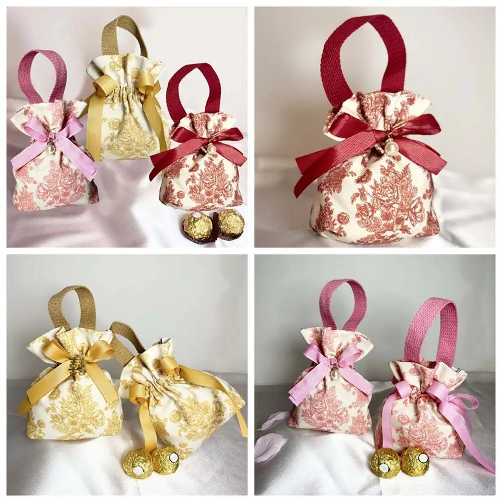 

Pearl Pendant Canvas Floral Drawstring Bag Large Capacity Satin Bow Festive Sugar Bag Wedding Candy Bag Bucket Bag