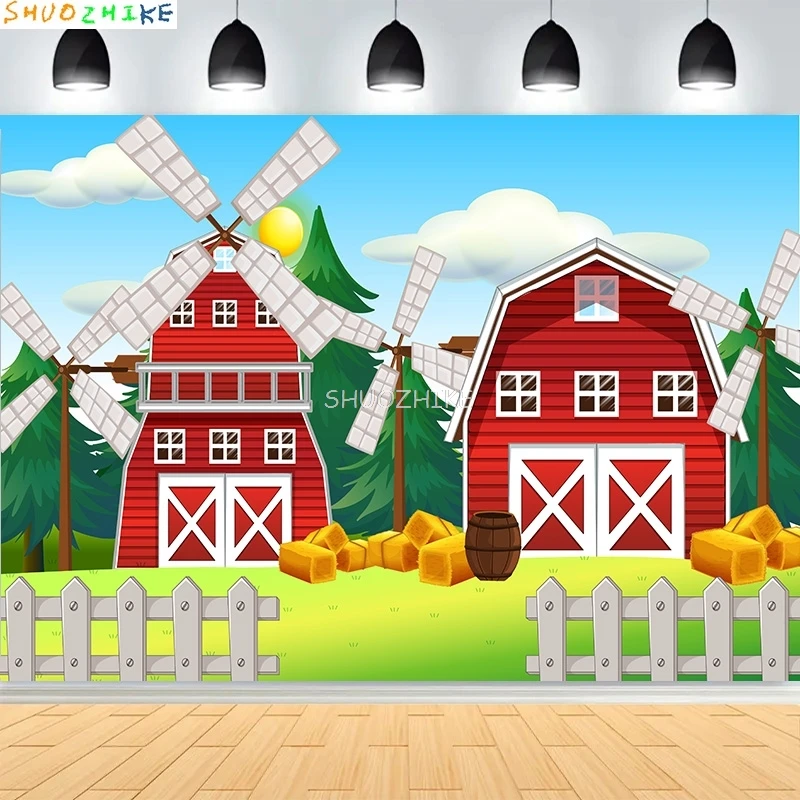Фермерская сцена старый фермер человек и милые животные фотографии фонов красный сарай ветряная мельница молочная корова фон для дня рождения NC-03