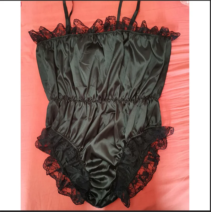 French Sexy Adult Customized Fetishist Crossdressing Sissy Black Satin Slim Strap Off Shoulder Lace Embedding Bodysuit