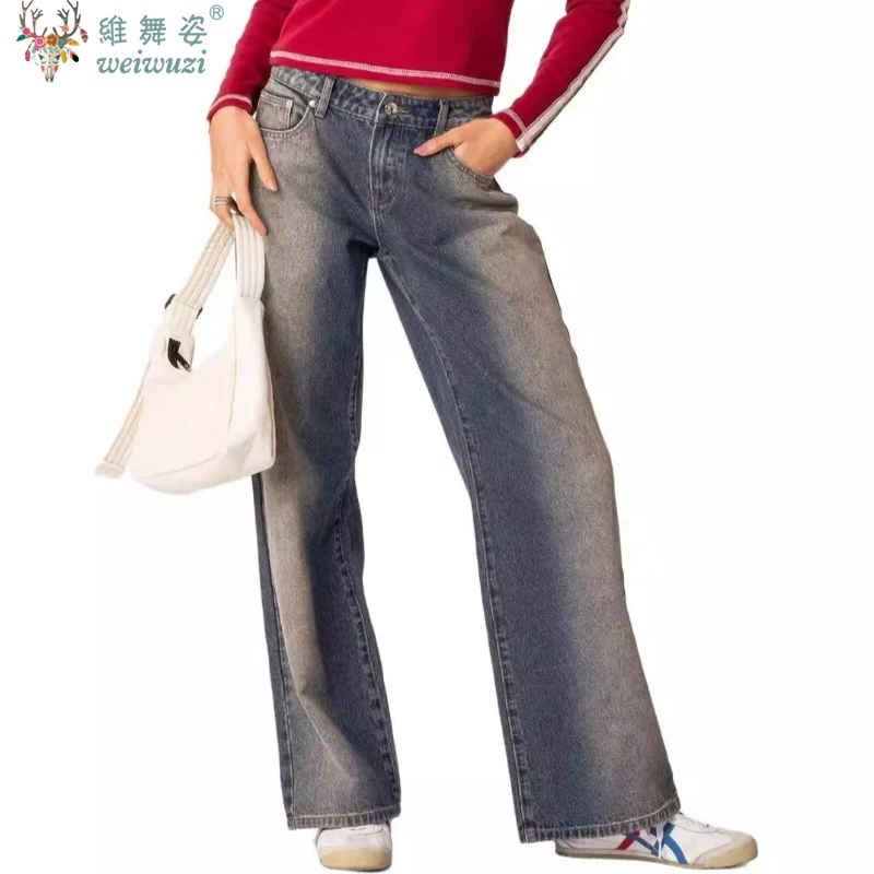 Dames denim broek jeans sexy lage taille wijde pijpen broek met zakken mode casual lange broek 2026 nieuwe Koreaanse streetwear