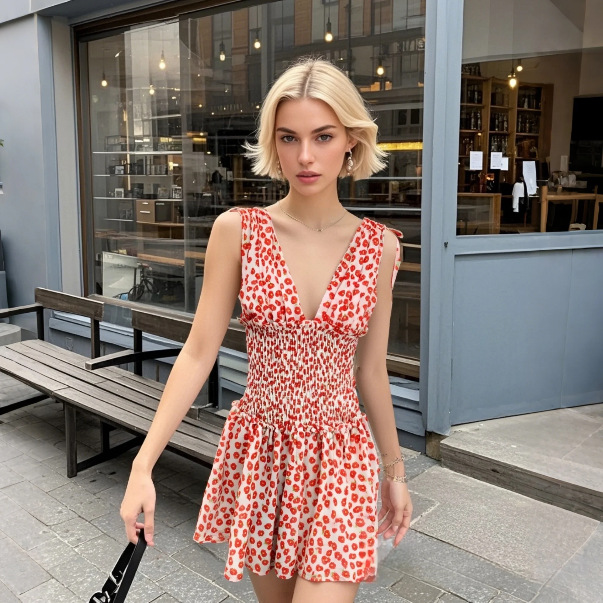 

2025 New Arrival Women's V Neck Sleeveless Mini Dress with Shirred Waist and All - over Small Floral Pattern and Tie Straps