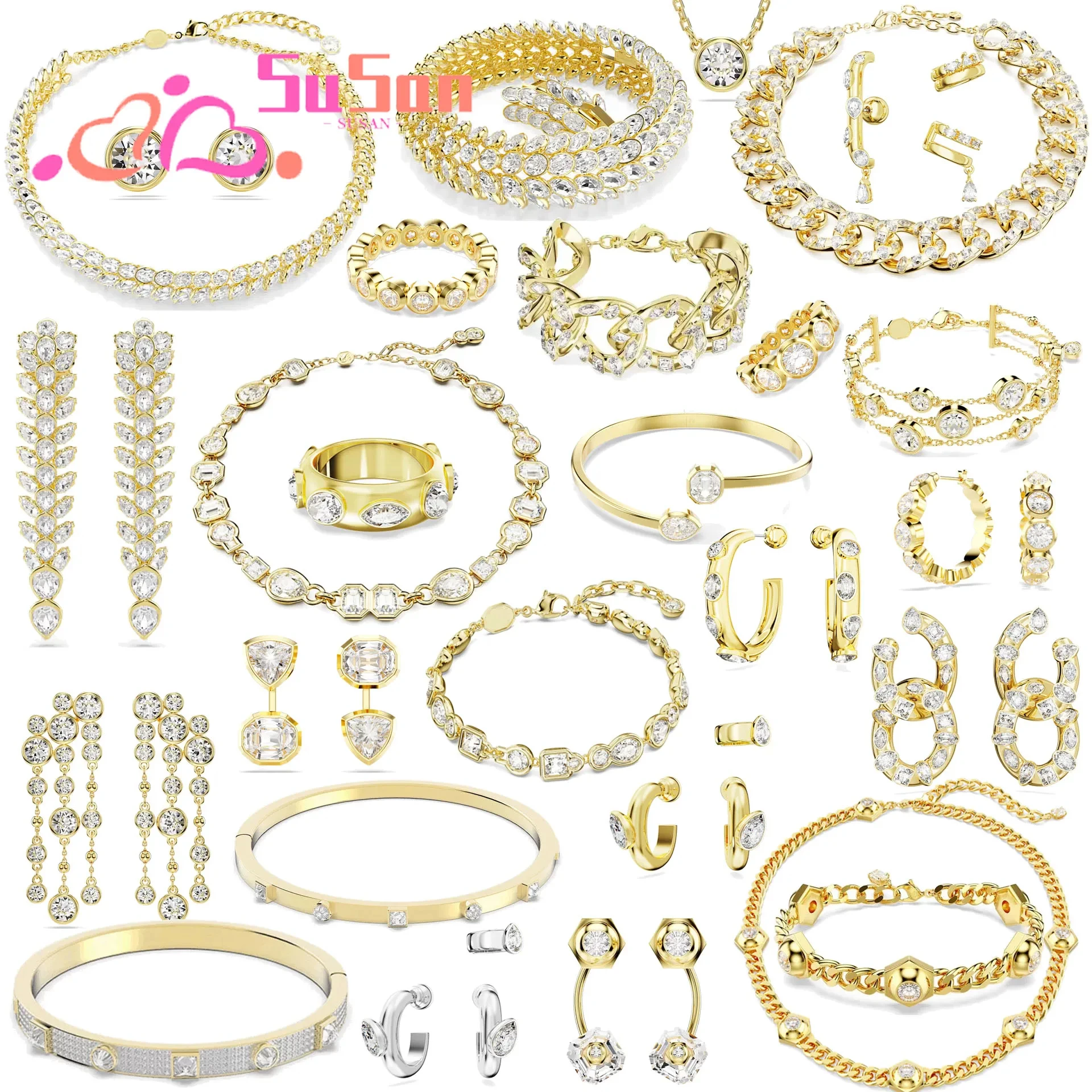 New butterfly accessory set with diamonds, square yellow crystal, multi-layer mixed cut transparent crystal, romantic bracelet