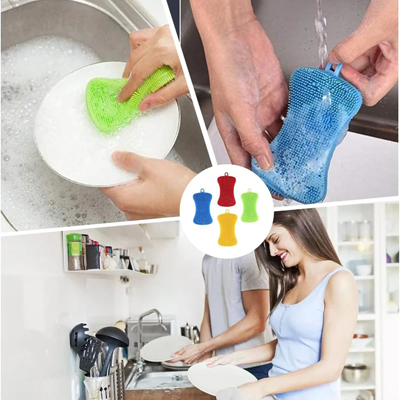 1Pcs Kitchen Cleaning Brush Silicone Sponge Dish Washing Scrubber Household Cleaning Brushes Pot Pan Sponge Scouring Pads Tool