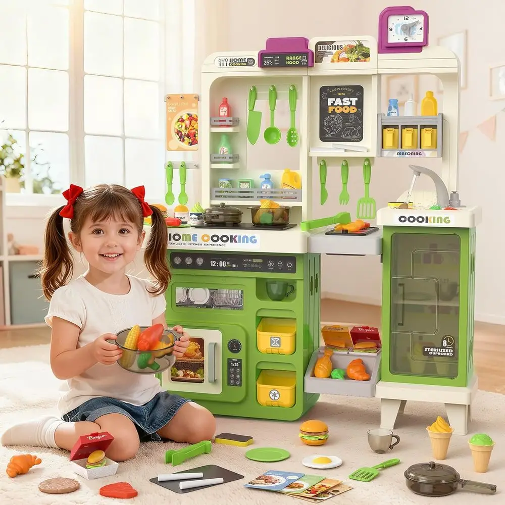 مجموعة المطبخ التظاهرية مع أضواء، أصوات، بخار، حوض، شواية، طعام لعب، ملحقات مطبخ الأطفال الصغار، حقيبة تخزين #6