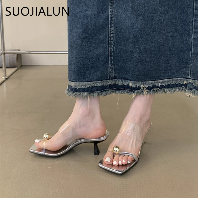 SUOJIALUN Summer New Brand Women Slipper Fashion Gold Buckle Ladies Elegnat Slides Thin High Heel Outdoor Dress Vaction Sandal