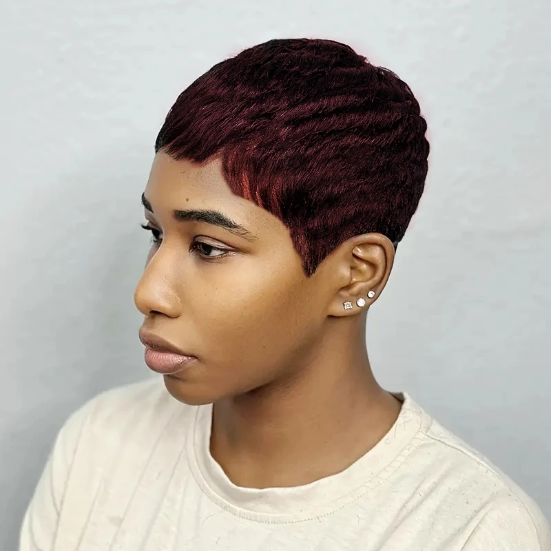 Parrucca piena da 6 pollici fatta a macchina per capelli umani 99J Parrucche anteriori in pizzo con taglio pixie Capelli umani