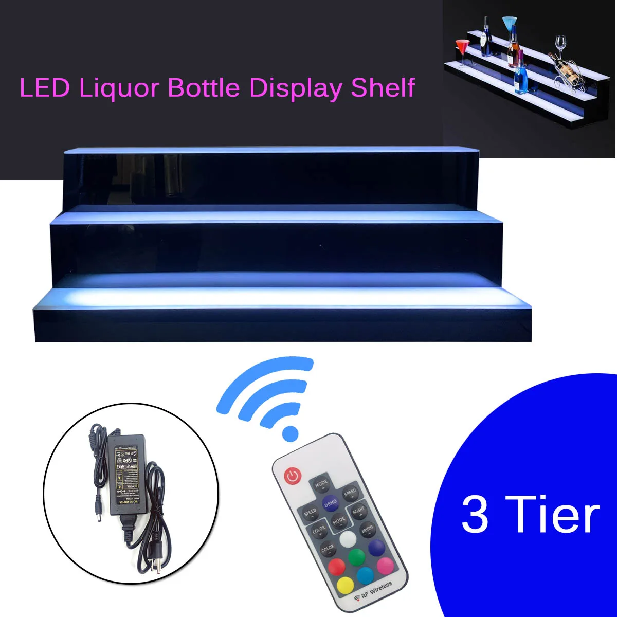 Estante de barra iluminado LED de 3 niveles, estante de exhibición de botellas de vino de Club, barra trasera brillante, estante de exhibición de botellas de licor, 7 colores, 39"